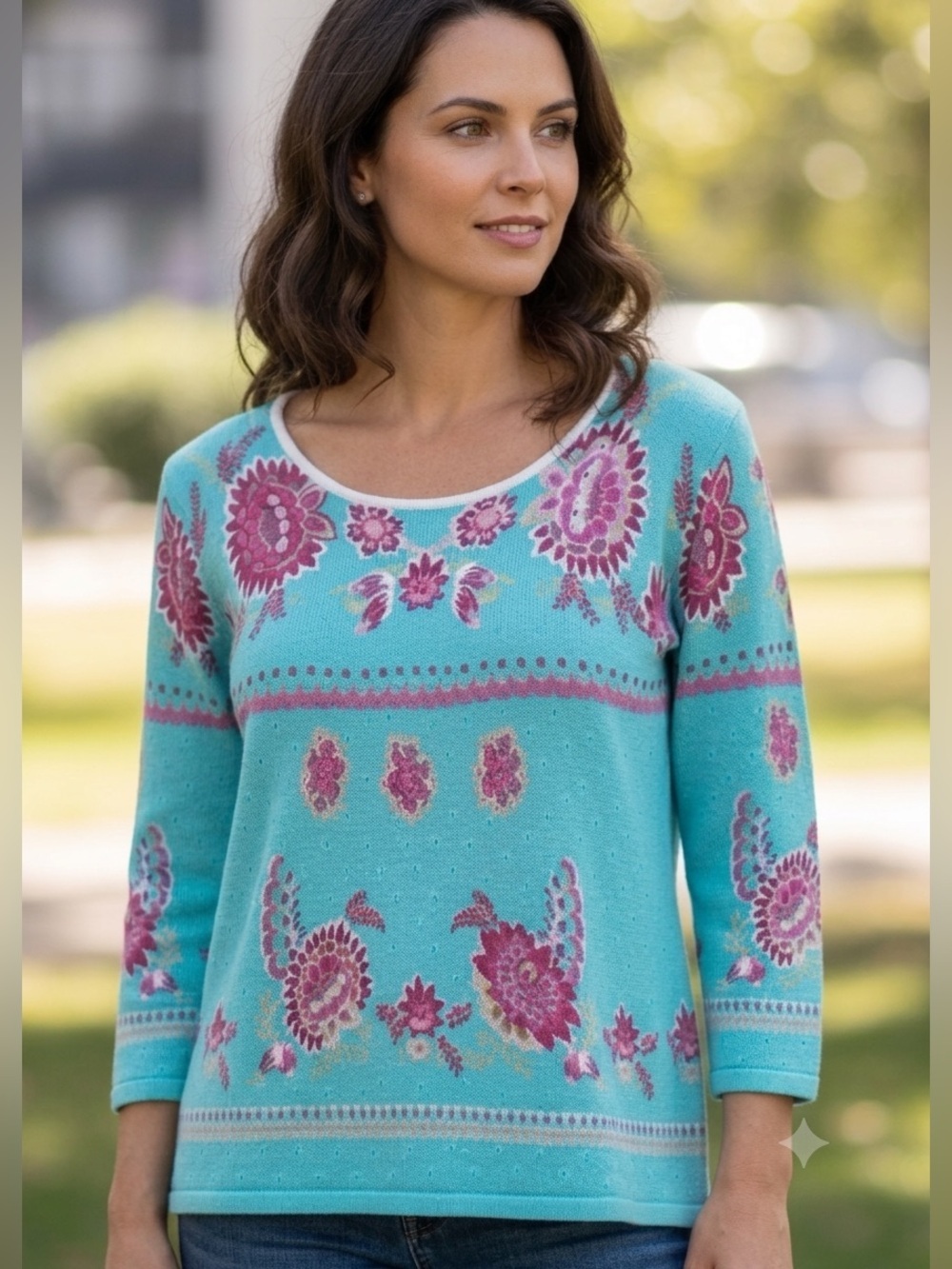 Joseph A. Teal Floral Knit Top L 3/4 Sleeve Stretch Boho Retro Mod Pattern Sz L